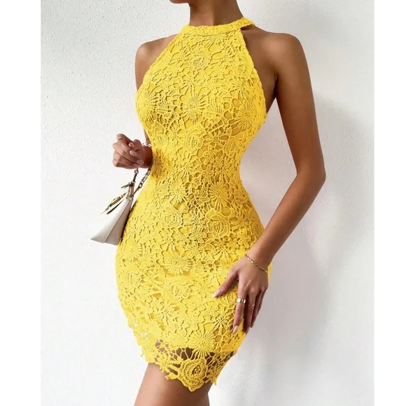 Boho Yellow Floral Lace Halter Mini Dress - Picture 1 of 3